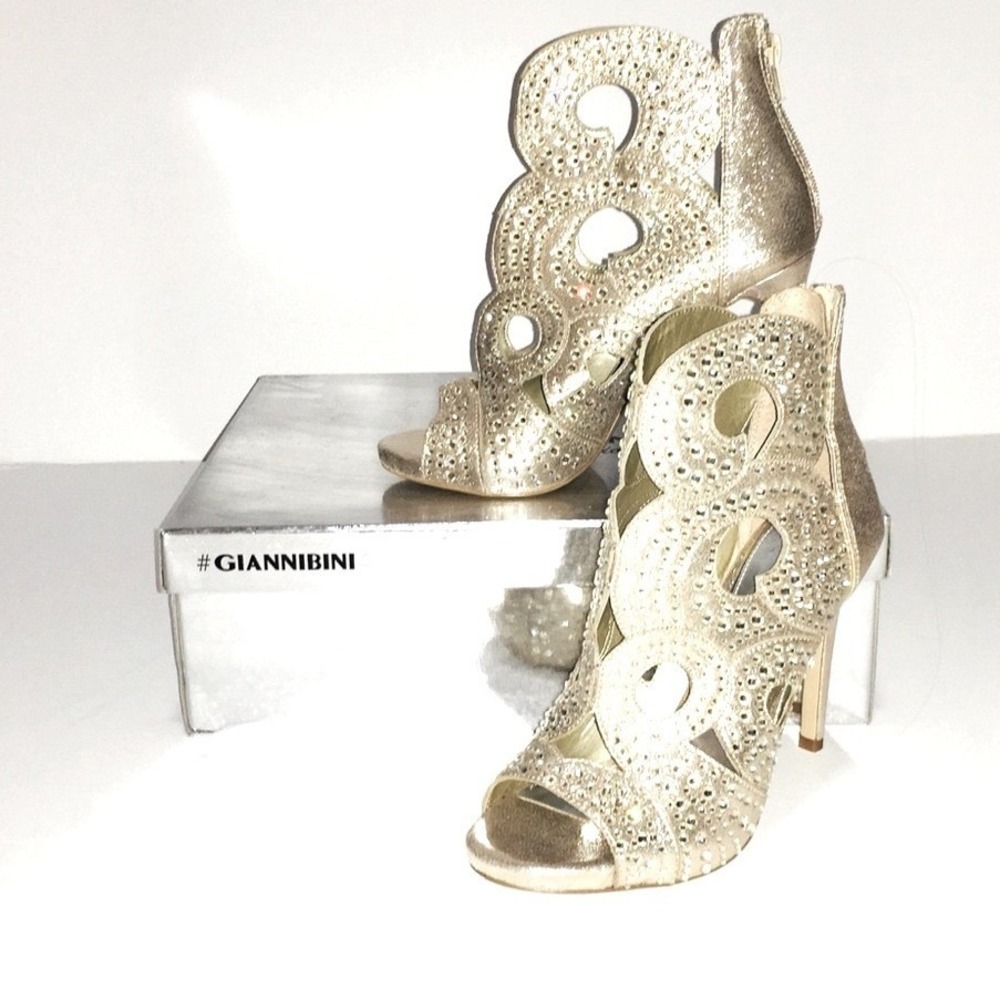 Gianni Bini Gold Rhinestone Laser Cut Scroll Stiletto Heels Evening Sandals 7M